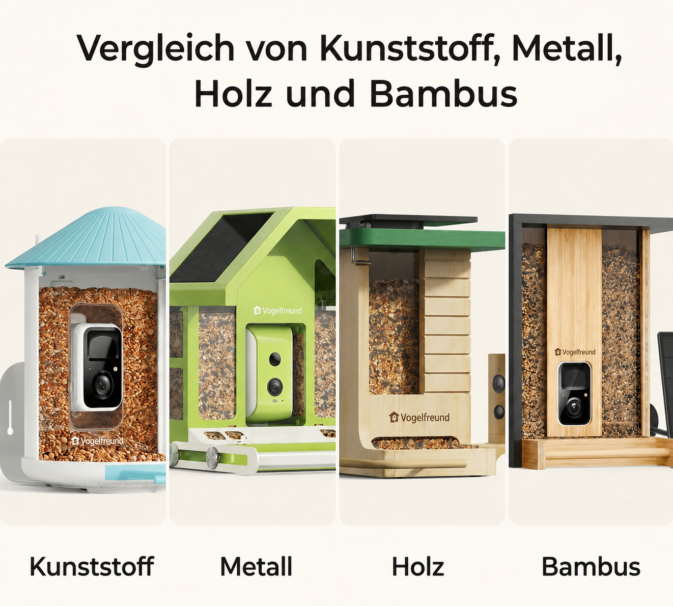 Bestes Material für Birdfy-Futterspender: Kunststoff, Metall, Holz, Bambus